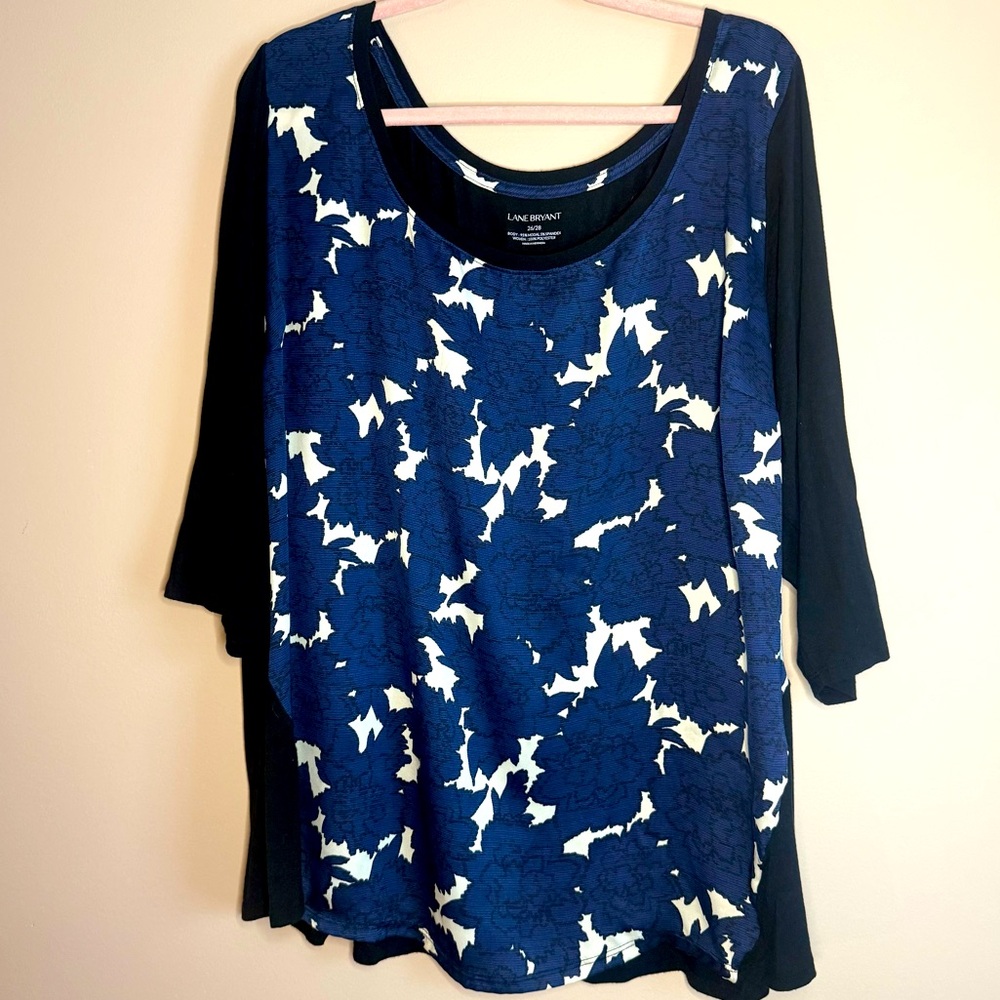 LANE BRYANT  Women's Plus Blue/Black Floral Modal Knit Tunic Top SZ 26/28